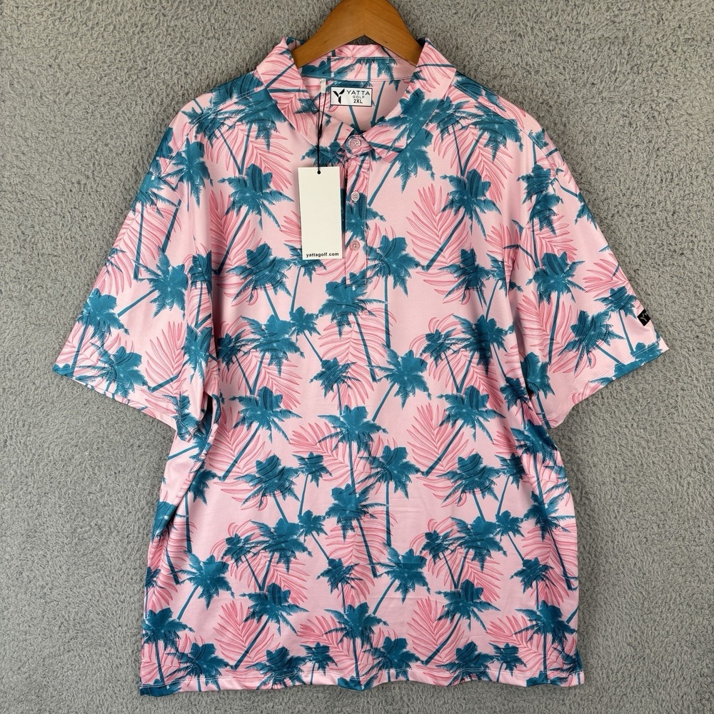 NEW Yatta Golf‎ Polo Shirt Men's 2XL Tropical Pink Floral Performance Hawaiian